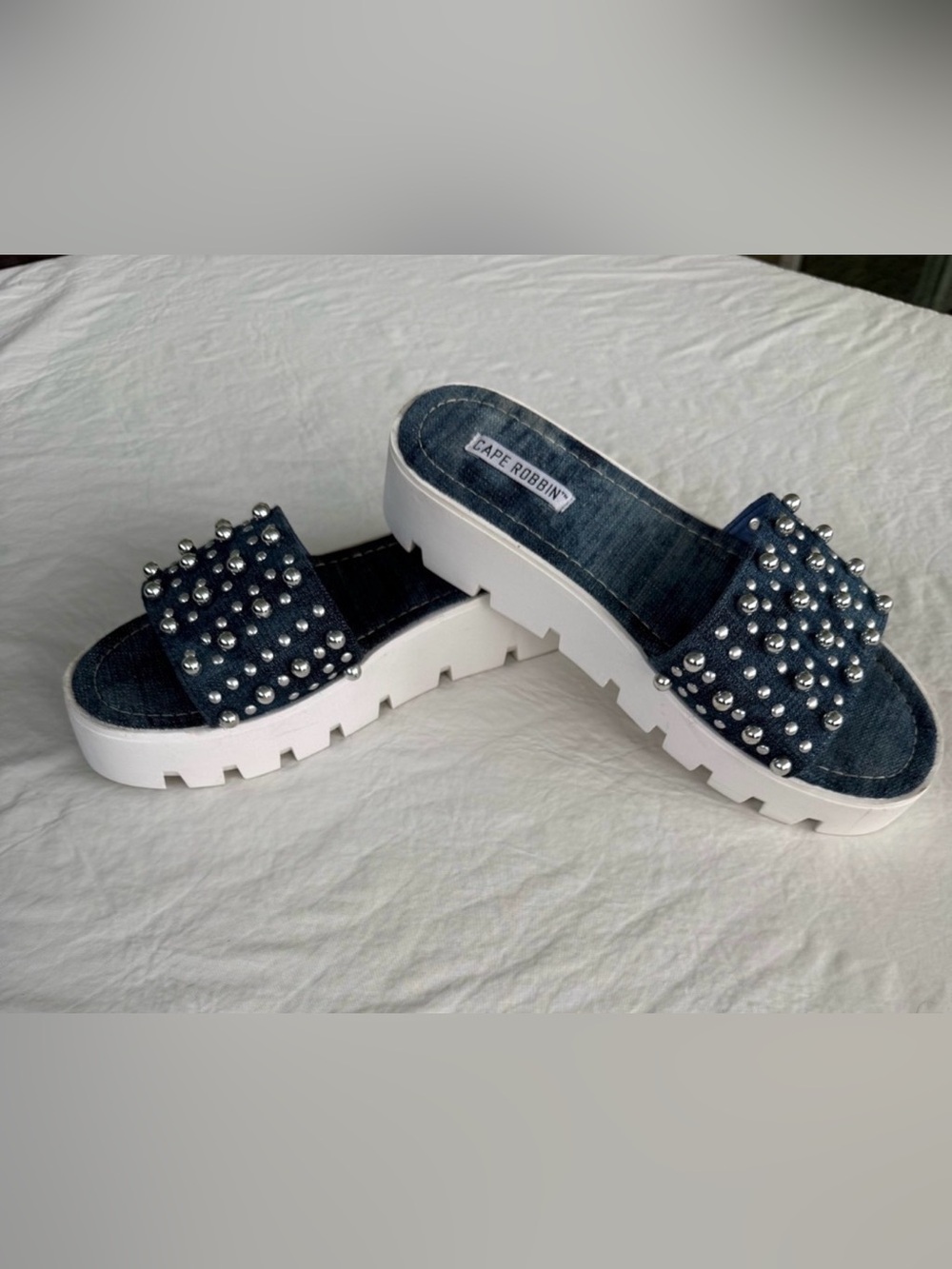 Cape Robbin Dark Blue Denim Studded Platform Slide Sandals